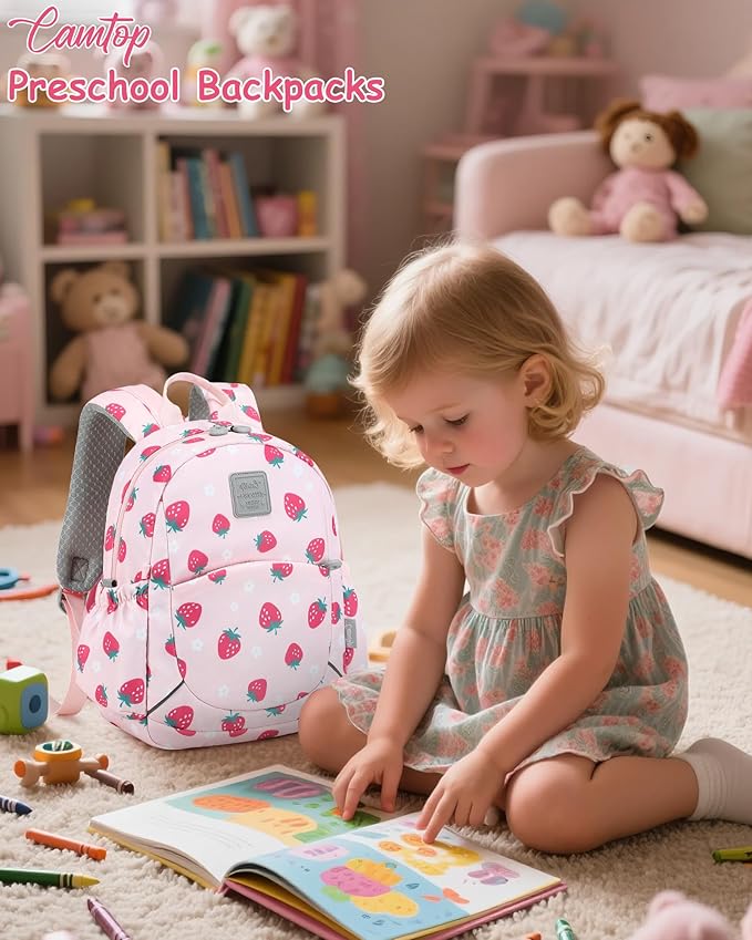 CAMTOP Toddler Backpack for Boys Girls 2-4, Kids Backpacks for Kindergarten Preschool, 12" H Small Bookbag for Daycare Travel (Pink Strawberry, 12''- Not fit A4 folder)