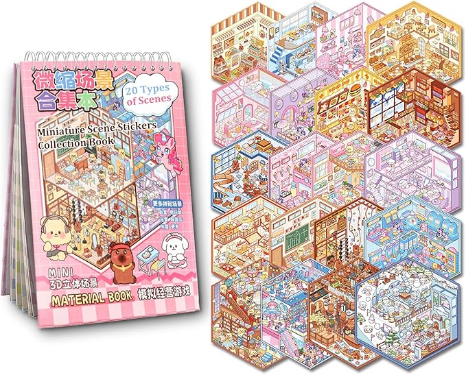 Scene Sticker Book for Kids, 20 Sets of 3D Sticker Scenes for Adults Fun Mini Cute Kawaii Stickers Therapy 3D Scenes Stickers Set Relief Stress Pass The Time, Holiday & Christmas Fun