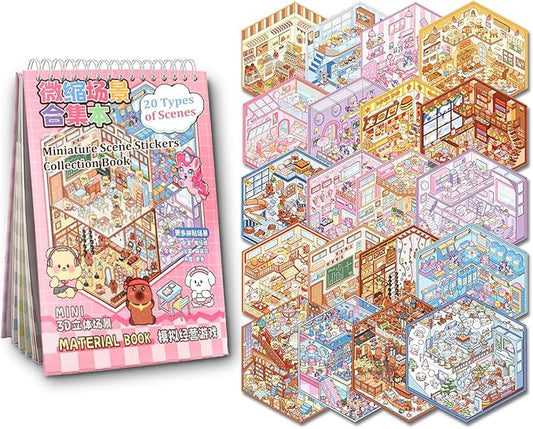 Scene Sticker Book for Kids, 20 Sets of 3D Sticker Scenes for Adults Fun Mini Cute Kawaii Stickers Therapy 3D Scenes Stickers Set Relief Stress Pass The Time, Holiday & Christmas Fun