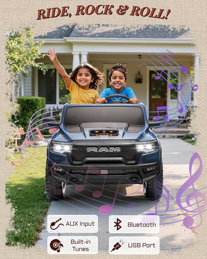 First Ride On 24V Ride On Toys for Big Kids, RAM 1500 2 Seater Ride on Car w/Remote, Battery Powered Truck w/ 4 Wheels Suspension, Toddler Car w/Bluetooth, LED Lights, Trunk & High Doors (DarkBlue)