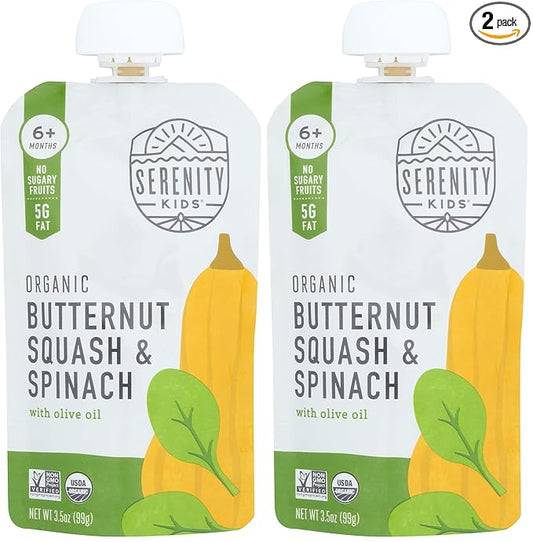 Serenity Kids 6+ Months USDA Organic Veggie Puree Baby Food Pouches | No Sugary Fruits or Added Sugar | Allergen Free | 3.5 Ounce BPA-Free Pouch | Butternut Squash & Spinach | 1 Count (Pack of 2)