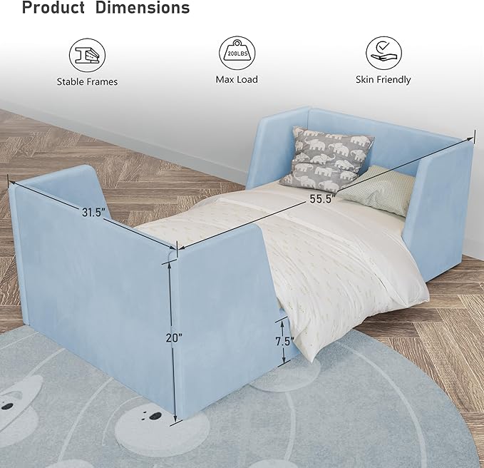 Toddler Bed, Toddler Floor Bed Frame with Guard Rails, Kids Bed for Ages 2-6 Years Kids Girls and Boys, Standard Crib Mattress Toddler Beds, Certified Fabric (Blue)