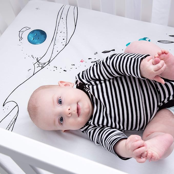 JumpOff Jo - Fitted Mini Crib Sheet for Portable Crib, Playard, and Playpen Mattresses and Mats, Super Soft 100% Cotton, 24 in. x 38 in. - Moonlight Mermaid