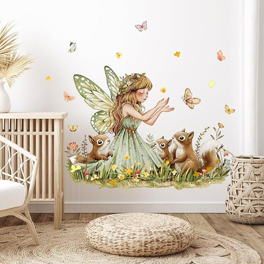 Forest Fairy Squirrel Wall Stickers Wildflower Butterflies Reusable Peel and Stick Wall Clings for Nursery Kids Room Bedroom Home Decor