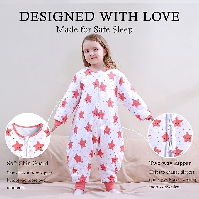 Toddler Sleep Sacks 2.5 TOG Winter Long Sleeve Sleep Sack with Legs 2-Way Zipper Baby Wearable Blanket