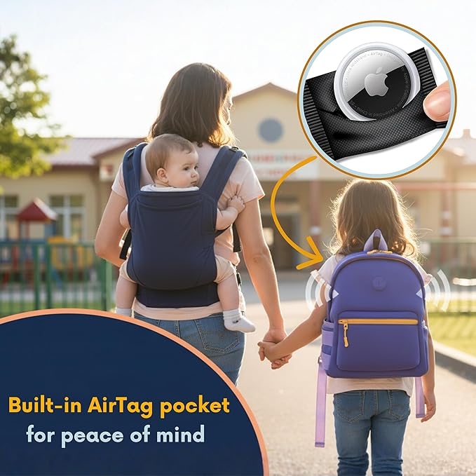 Kaywee 3pc Neoprene Kids Travel Backpack SET| 2 zipper pouches | Preschool backpack with AirTag holder for kids |Purple Toddler Girl Backpack toddler backpack for girls daycare essentials