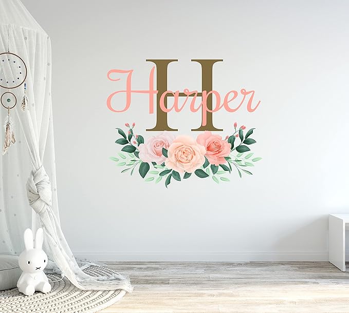 CuteDecals Flowers Custom Name & Initial Wall Decal - Personalized Peonies Art Decor Mural Girls Stickers For Nursery Bedroom Decoration (Mini Wide 15''x13'' Height)