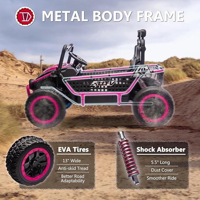 XXL 24V 7Ah 2 Seater Ride On Toy for Big Kids Ride On Car with Remote Control 4WD Kids UTV with 22" Seat, LED Lights, Bluetooth Music Player, EVA Rubber Tires, Spring Suspension, Pink
