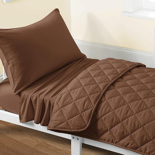 FLXXIE 4 Pieces Toddler Bedding Set, Soft and Breathable Microfiber Crib Sheet Set, Includes Quilted Comforter, Flat Top Sheet, Fitted Sheet, Envelope Pillow Case for Boys and Girls, Coffee