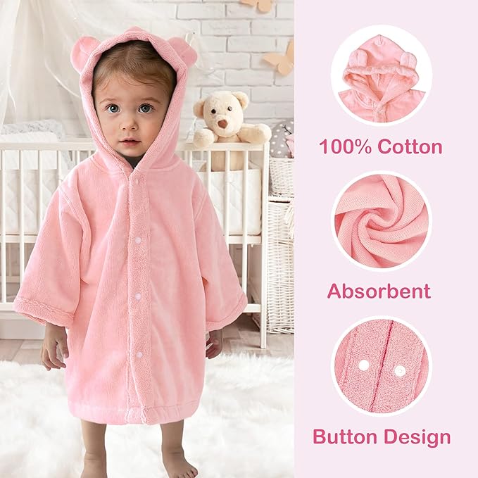 VOOVA & MOVAS Baby Hooded Towel with Bear Ear,0-3Years | 100% Cotton, Ultra-Soft & Absorbent | Gentle for Sensitive Skin, Bath, Pool & Beach Robe | Newborn (Pink)