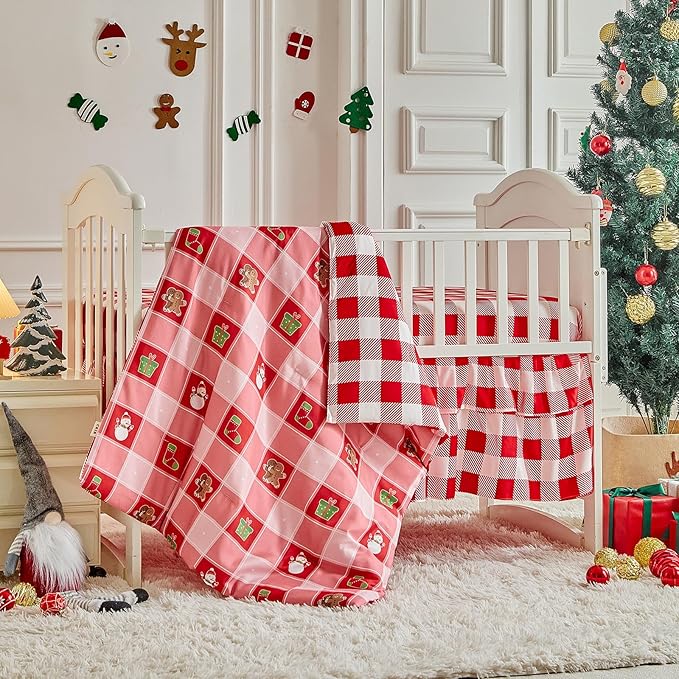 Christmas Crib Bedding Set 3 Pcs Pink Red Plaid with Gingerbread Man, Soft Quilted Comforter Sheet & Skirt, Festive Baby Crib Bedding