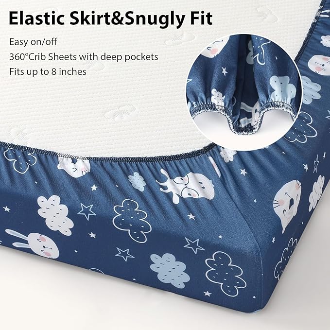 Baby Crib Sheets for Boys and Girls, 3 Pack Toddler Bed Sheets for 52”x28” Standard Toddler Mattresses, Soft Microfiber Fitted Crib Sheets Neutral Blue Cloud Animals