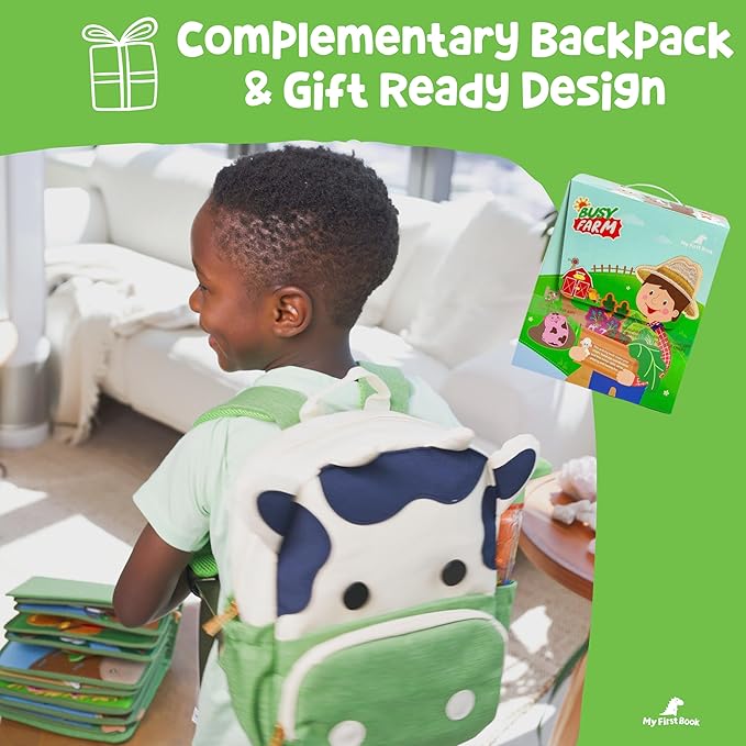 Montessori Busy Farm Book & Backpack Bundle, Interactive Quiet Book for Toddlers & Preschoolers, Educational Early Learning Travel Toy with Waterproof Backpack, Back-to-School Gift