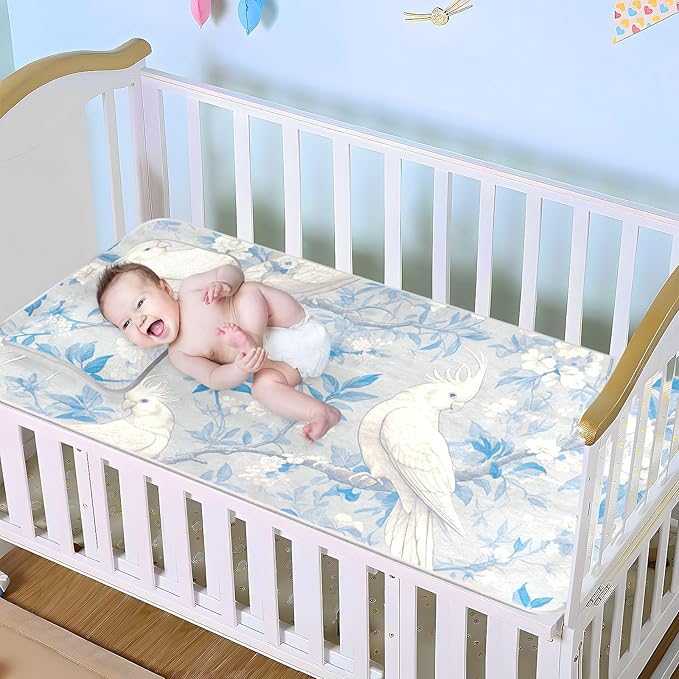 Cooling Baby Mattress pad Protector 28" x 52"Ultra Soft Crib Bumper Pads for Kids, Adult Elegant Animal White Cockatoos Bird Gray Blue
