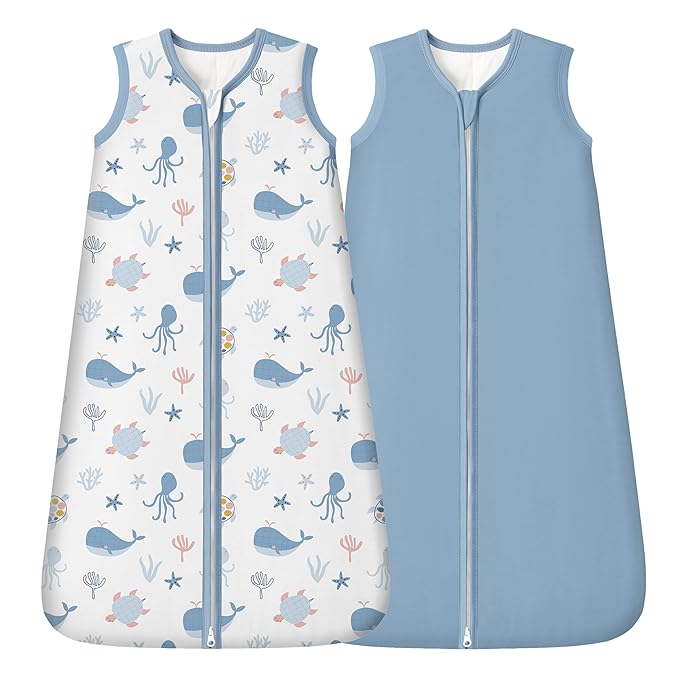 Rayon Made from Bamboo Baby Sleep Sack 18-24 Months, 1.0 Tog Baby Wearable Blanket, Soft Sleeping Bag for Infant Toddler Babies with 2-Way Zipper 2 Pack (X-Large) Blue Whale