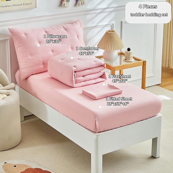 DuShow 4 Piece Toddler Bedding Set for Girls, Pink Embroidery Crib Bed Comforter Set, Includes Comforter, Fitted Sheet, Flat Sheet and Envelope Pillowcase, Soft Toddler Bed Sheet Set