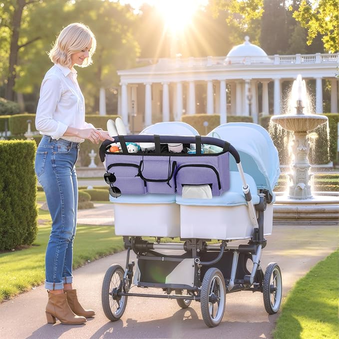 Double Stroller Organizer Compatible with Bob Duallie and Baby Jogger City Mini GT2, Double Baby Stroller Accessories with Cooler Bag, Parent Console Double Jogging Stroller Caddy, Purple