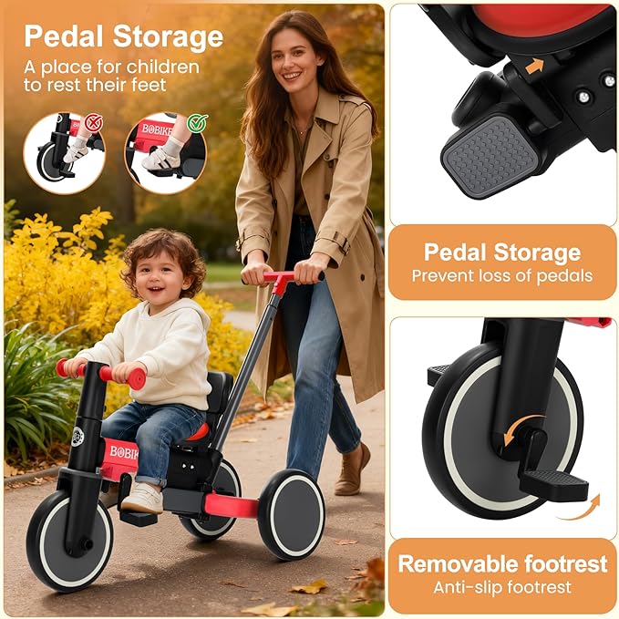 BoBike 5-in-1 Tricycle for Toddlers 18 Months to 5 Years, Kids Bike with Upgraded Pedals, Parent Push Handle, Balance Bike & Easy Assembly for Boys Girls (Red)