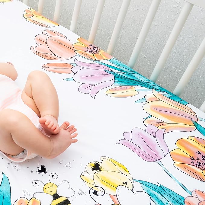 JumpOff Jo - Fitted Crib Sheet, Super Soft Breathable 100% Cotton Baby Crib Sheet for Standard Crib Mattresses and Toddler Beds, 28 in. x 52 in. - Tulip Fields