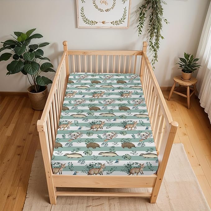 Australian Animals Tropical Leaves Baby Crib Sheets for Boy Girl 28"x52" Koala Green Stripes Soft Stretchy Fitted Crib Mattress Cover Native Australia Baby Sheet for Standard Crib & Toddler Mattress