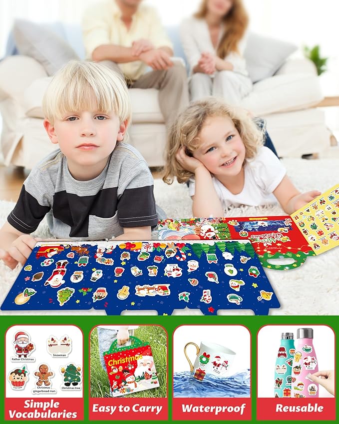 Walenced Reusable Sticker Book for Toddlers, Stickers for Kids, Toddler Sticker Book, Toddler Craft Activities, Toddler Travel Toys Ages 3 and Up Boy Girl Birthday Gifts - Christmas