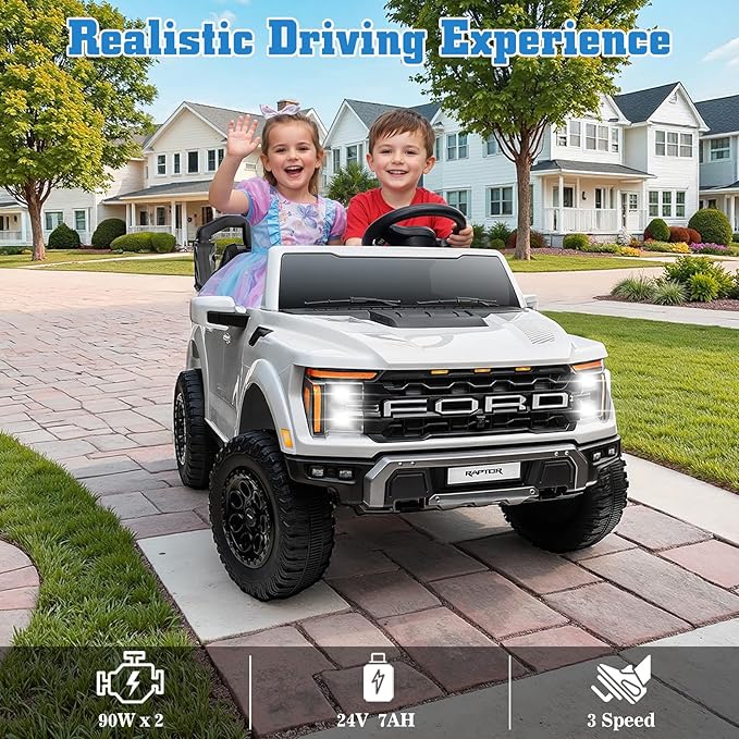 Licensed Ford F-150 Raptor 24V Ride on Toys for Boys & Girls, 2 Seater Kids Electric Car, Todder Ride on Car w/Remote Control, LED Lights, Bluetooth Music, Truck Bed Storage(24V, White)