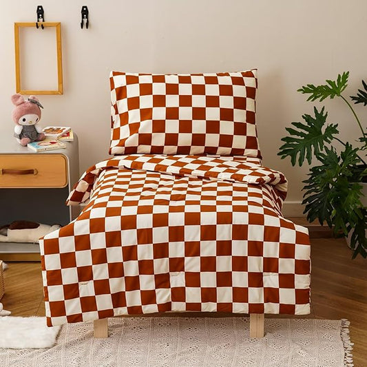 CLOTHKNOW 4 Pieces Plaid Toddler Bedding Sets for Boys, Brown Beige Bear Cartoon Pattern, Soft Crib Bed Set Including Comforter, Flat Sheet, Fitted Sheet and Pillowcase, Brown Beige