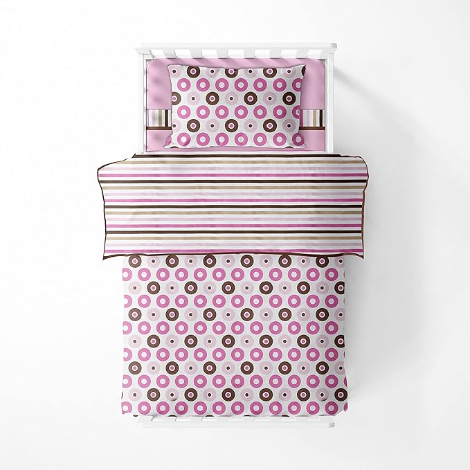 Bacati - Dots & Stripes Pink/Chocolate 4 Piece Girls Toddler Bedding Set, 100 Percent Cotton Includes Reversible Comforter, Fitted Sheet, Top Sheet and Pillow Case for US Standard Toddler Bed