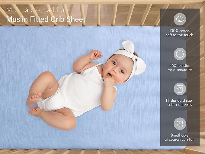 Meracorallo Muslin Crib Sheet, 100% Cotton Fitted Crib Sheet 28x52 Soft and Breathable Baby Boys Girls Cover for Standard Crib and Toddler Mattresses, Sky Blue