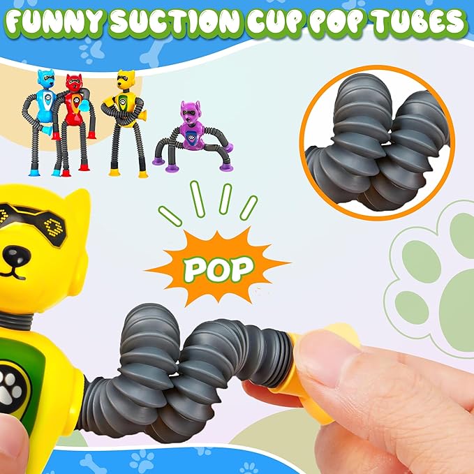 Valentines Day Gift for Boys Robot Dog Sensory Pop Tube for Toddler Kid 4PC Travel Toys Airplane Car Toy Activities Autistic Road Trip Suction Tube for Boys 3 - 8 ADHD Autism
