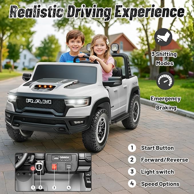 Electric Car for Kids, Licensed Ram 1500 RHO, 24V Ride on Toys for Big Kids, Battery Powered with Parent Remote Control, LED Light/Music/MP3, Back Storage, White, Roll Bar