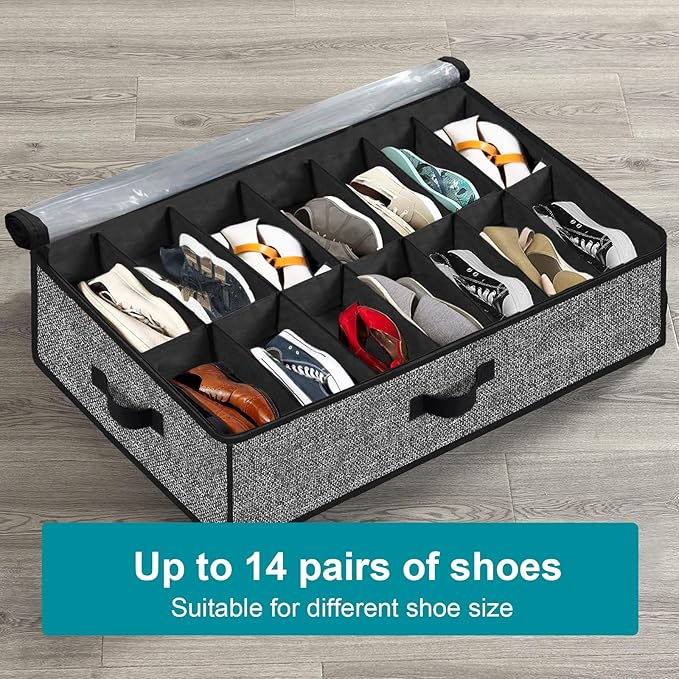 Meerainy Under Bed Shoe Storage Organizer for Closet 2 Pack- Fits 28 Pairs Underbed Shoes Container Boxes with 2 Sturdy Handles and Clear Window Black