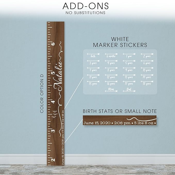 Wooden Kids Growth Height Chart Ruler for Boys and Girls Painted or Engraved (Script Ribbons)