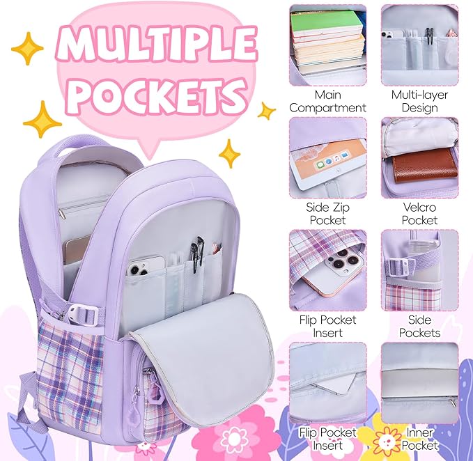 Aulenge Kids Backpack for Girls Cute Teen School Backpack Ages 8-12 with Pencil Case Set Kawaii Stitch Purple School Bookbags with Multiple Pockets for Primary & Middle School Students