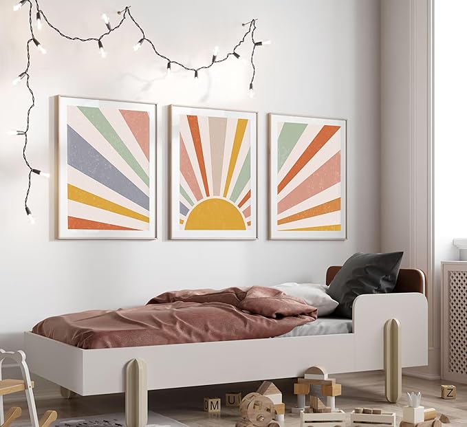 3 Pieces Nursery Boho Canvas Wall Art Rainbow Sun Rising on the Horizon Geometric Nature Illustration Line Pictures Wall Decor Posters Prints for Toddler Kids Room Home Decoration Unframed