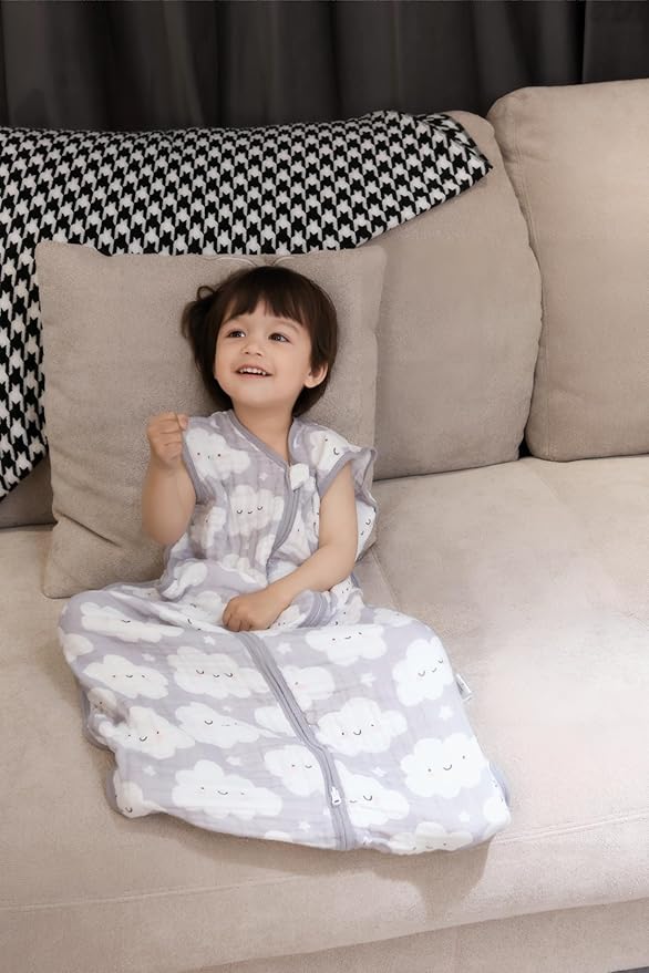 Baby Sleep Sack 2-4 T Baby Wearable Blanket 100% Organic Cotton 0.5 TOG Toddler Sleep Sacks 2- Way Zipper Soft 4 Layers Muslin 2T 3T 4T Cloud