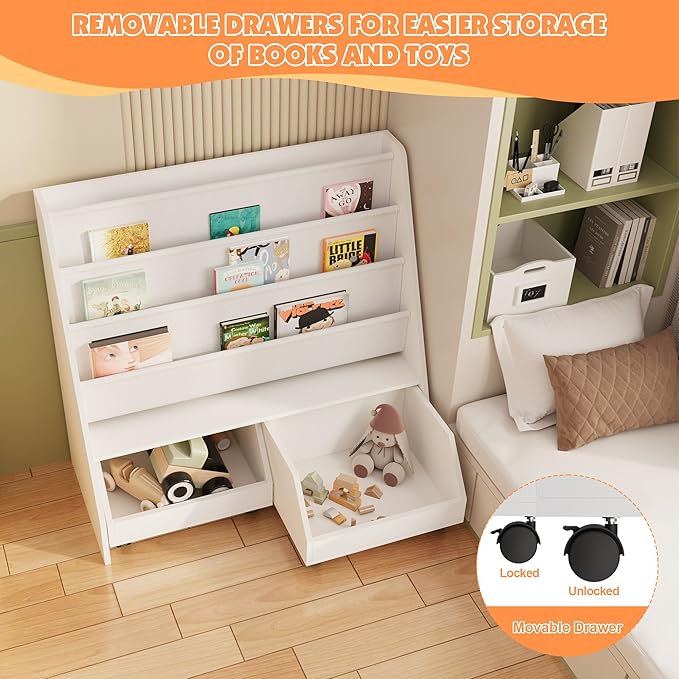 HedoAjim Kids Bookshelf with Two Movable Drawers Toddler Bookcase with Toy Storage Organizer Child Sling Book Rack Baby Cabinet Chest with Wheels for Nursery,Playroom,Bedroom,Living Room,Classroom