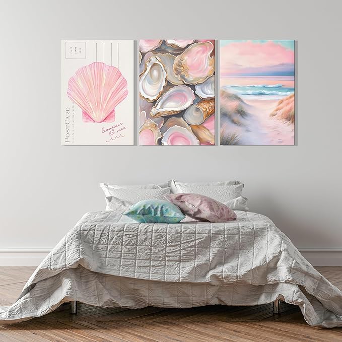 Framed Preppy Coastal Canvas Wall art Pink Beach Daughter Aesthetic Room Wall Decor Shells Oyster Paintings Picture Summer Poster Print for Girls Room Girls Dorm Home Decoration 24"×16"