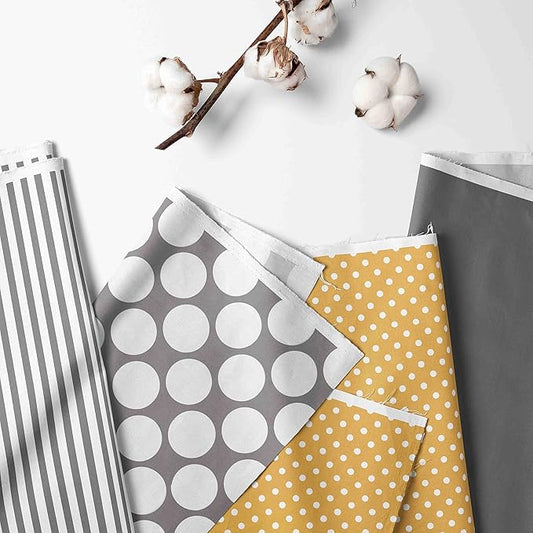 Bacati - Dots/pin Stripes Neutral Grey/Yellow 4 Pc Toddler Bedding Set 100 Percent Cotton Includes Reversible Comforter, Fitted Sheet, Top Sheet, and Pillow Case for Boys/Girls