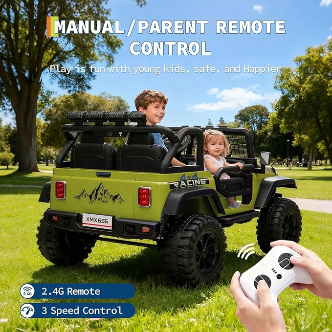 24V Ride on Car for Kids, 2 Seater Electric Truck with Parent Remote Control, Spring Suspension, 2 Speeds, LED Headlight & Music Player, Kids Electric Vehicle for Aged 3-8 Years, Green