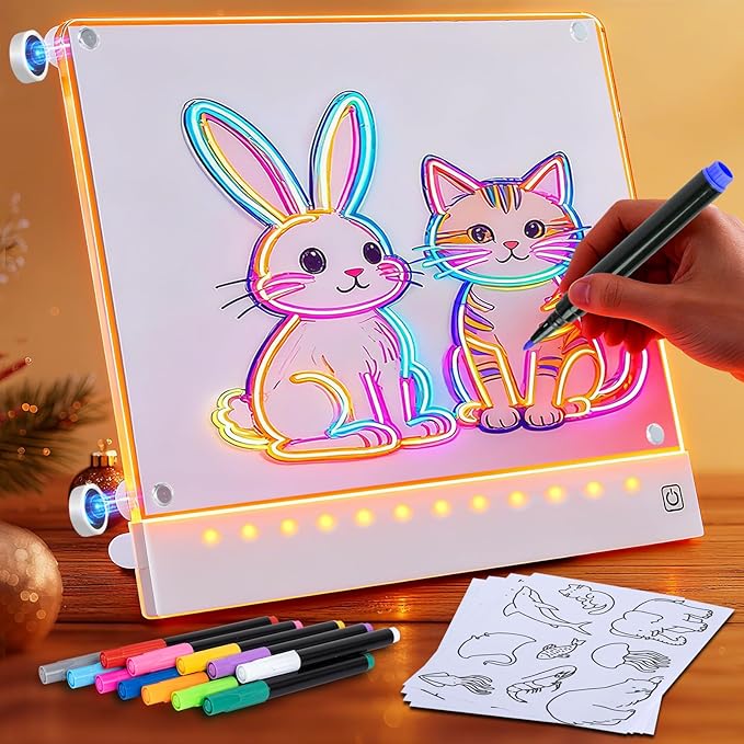 Rechargeable LED Drawing Board for Kids with Tracing Pages, Lumi Board Magnetic Light Up Acrylic Dry Erase Board, LED Note Board with 4 Magnets, Valentines Day Gifts Toy for Kids/Girls