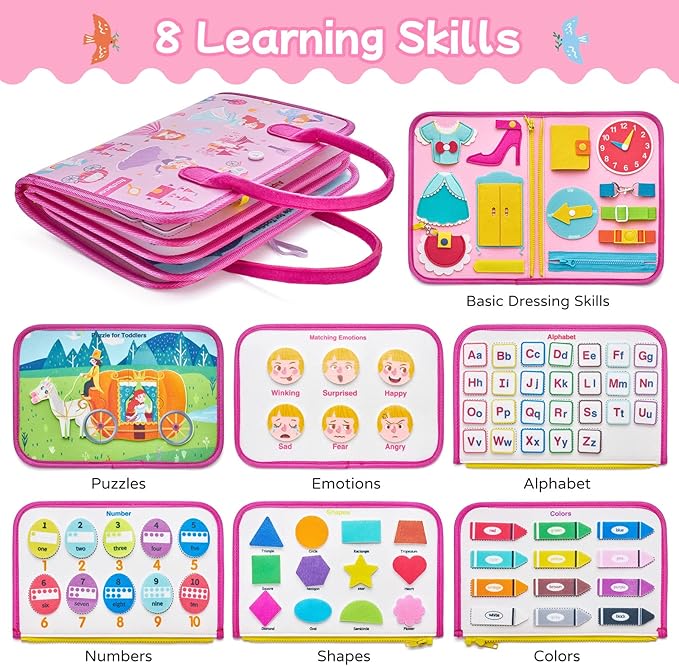 Freebear Busy Board Toddler Travel Toys Quiet Book Sensory Board for Toddlers 1 2 3 4, Montessori Educational Toys for 3 4 Year Old Girls Boys Gift, Princess