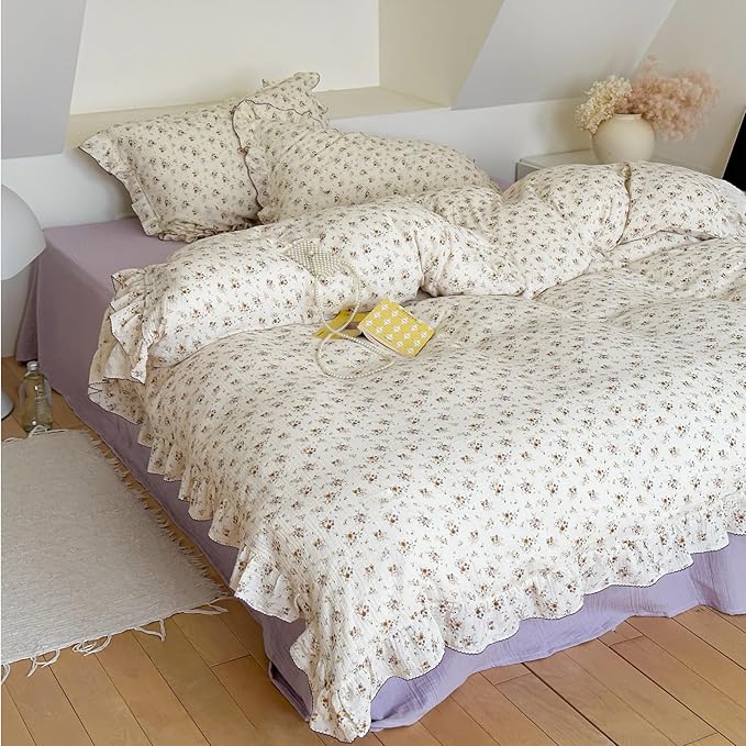 BuLuTu Muslin Duvet Cover Queen, Chic Shabby Floral Bedding Kids Teens Girls Comforter Cover with Ruffles, Soft Breathable Quilt Covers 90"x90",Zipper Closure, Crapemyrtle Print, No Pillow
