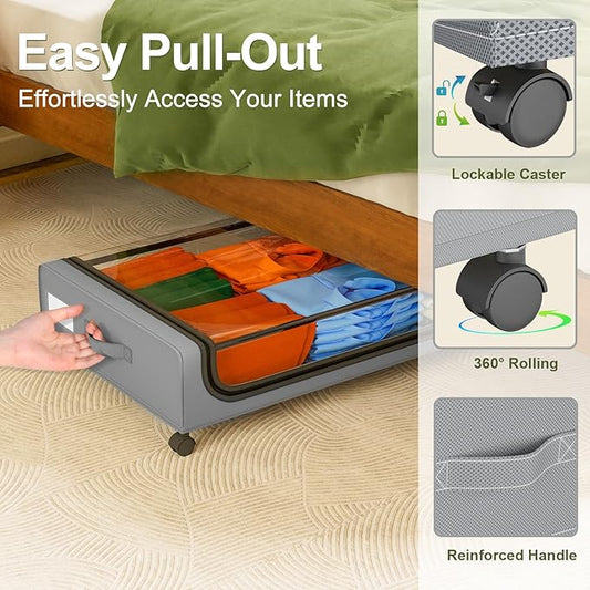 GoMaihe Under Bed Storage with Wheels: XXL Underbed Storage Containers with Lids - Rolling Bins for Shoes Clothes in Dorm Bedroom - Metal Drawers Easy Pull-out Grey 2-Pack