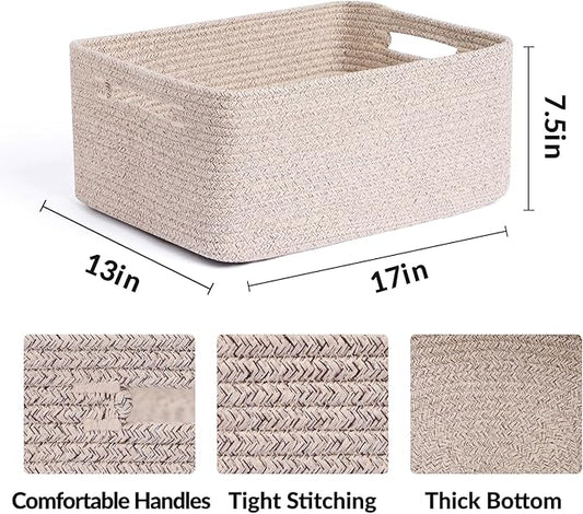 MiniArk Large Storage Baskets for Organizing, Closet Shelf Baskets for Clothes Blanket Towels, Baby Nursery, Toy Bins Box, Woven Rope Baskets, 17 x 13 x 7.5”, 4 Packs Mixed Brown
