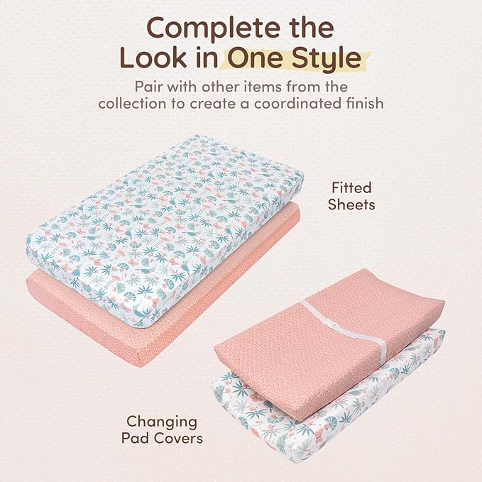 Baby Crib Sheets Girls Toddler Bed Sheets Cotton Fitted Crib Sheet Sets 28"x52", 8" Deep Pocket, Baby Mattress Sheet 2Pack 100% Cotton Flamingo Beddings, Designed in France, Jungle Leaves, White Pink