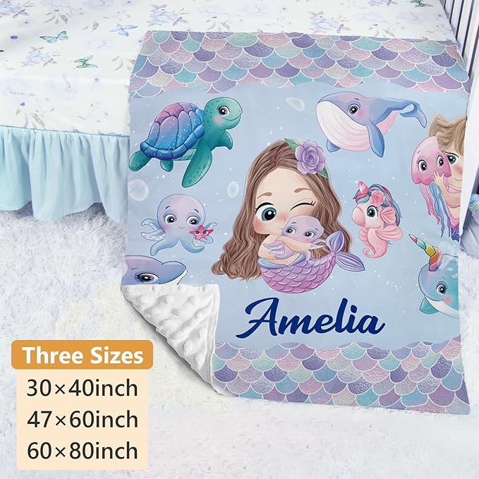 Personalized Crib Bedding Set - 4 Piece Custom Gift Ocean Animals Crib Bed Set with Name, Soft Double Layer Blanket Set for Infant Baby Girl, Nursery Bedding Set for Toddler Boys