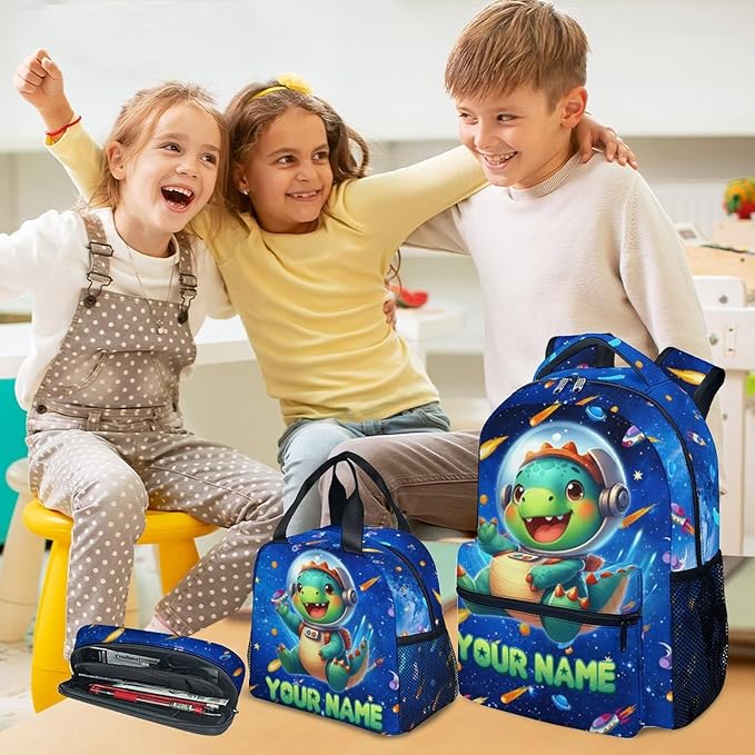 GiftoFLUX Boys Backpack- Personalized Dinosaur Backpacks with Lunch Bag - Custom Bookbag Set for Kids - Toddlers School Bag for Kindergarten/Preschool/Elementary(17 Inch)