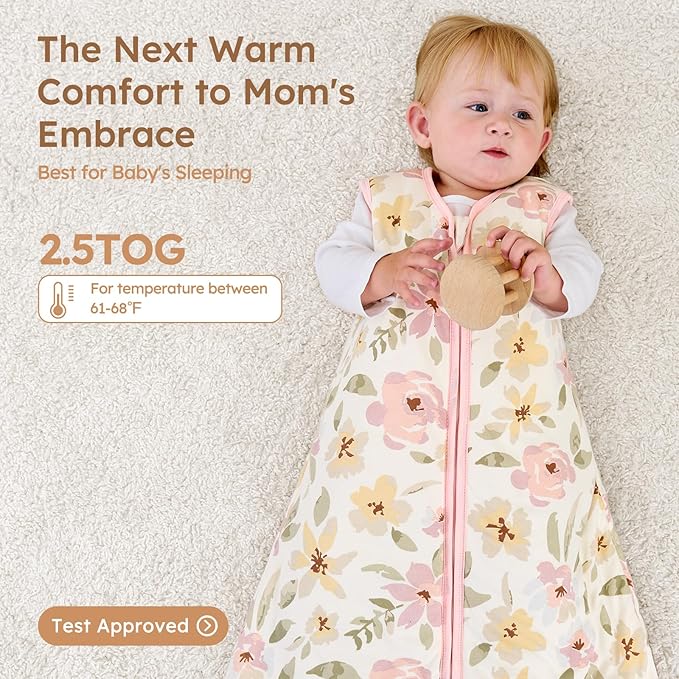 Baby Sleep Sack 18-24 Months TOG 2.5 Winter Baby Wearable Blanket, 100% Cotton Toddler Sleeping Sack with 2-Way Zipper Warm Soft Pink Flowers