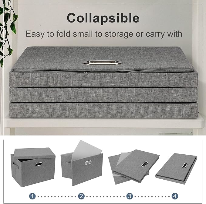 Graciadeco Large 17" 36 Quart Collapsible Stackable Storage Bins with Lids, 1 Pack Grey Foldable Fabric Closet Storage Boxes with Lids, 4 Handles Heavy-duty Linen Cube Baskets for Bedroom